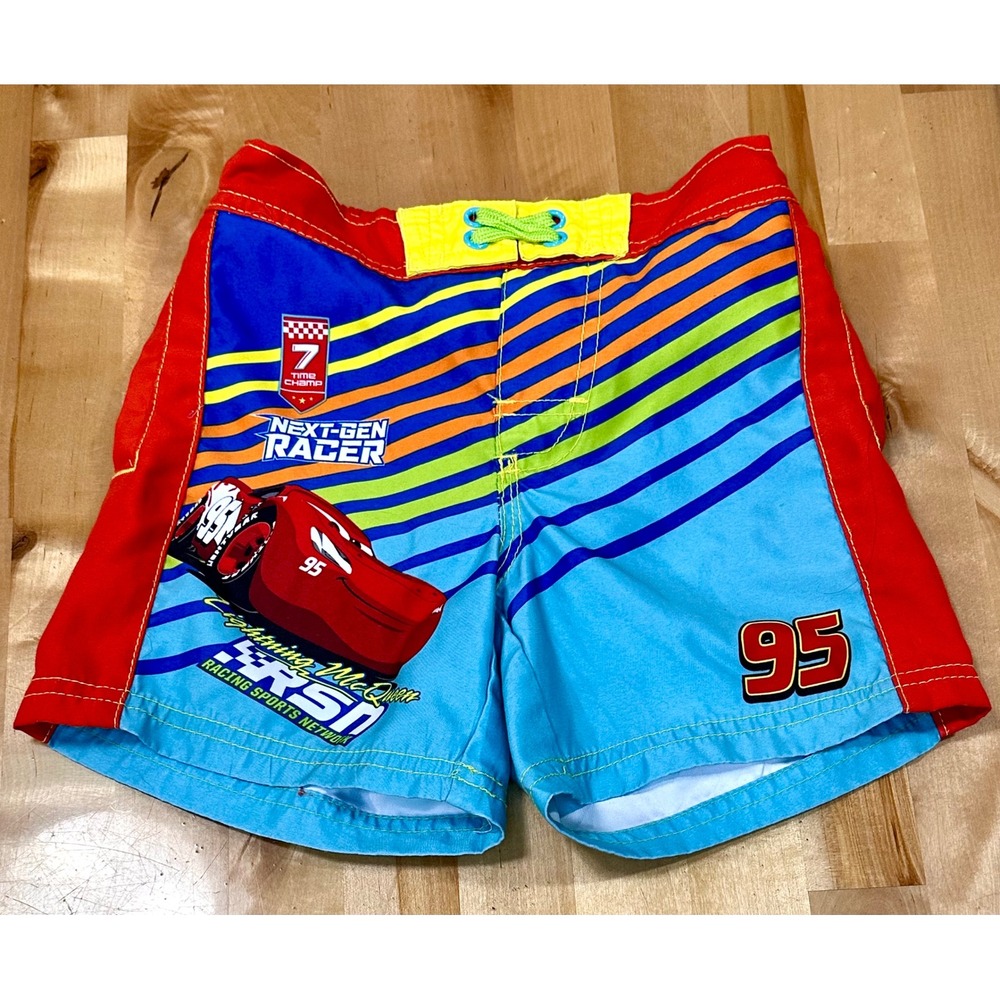 Disney Pixar Cars Swim Trunks Kids Size 4 Blue Lightning McQueen Racing